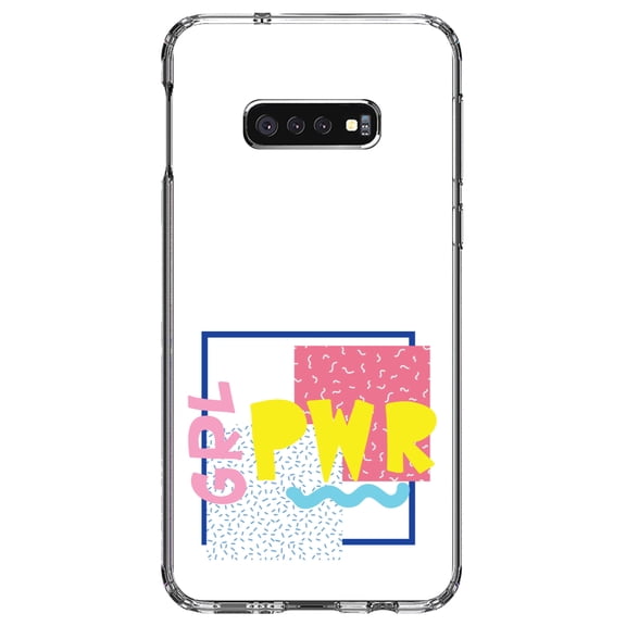 DistinctInk Clear Shockproof Hybrid Case for Samsung Galaxy S10e (5.8" Screen) - TPU Bumper, Acrylic Back, Tempered Glass Screen Protector - Girl Power - GRL PWR - Retro 80's Look