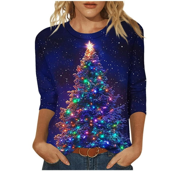 asdoklhq Christmas Pullover Sweaters for Women Fashion Women's Christmas Printed Blouses Three-Quarter Sleeve T-Shirt Round-Neck Top Black 2X