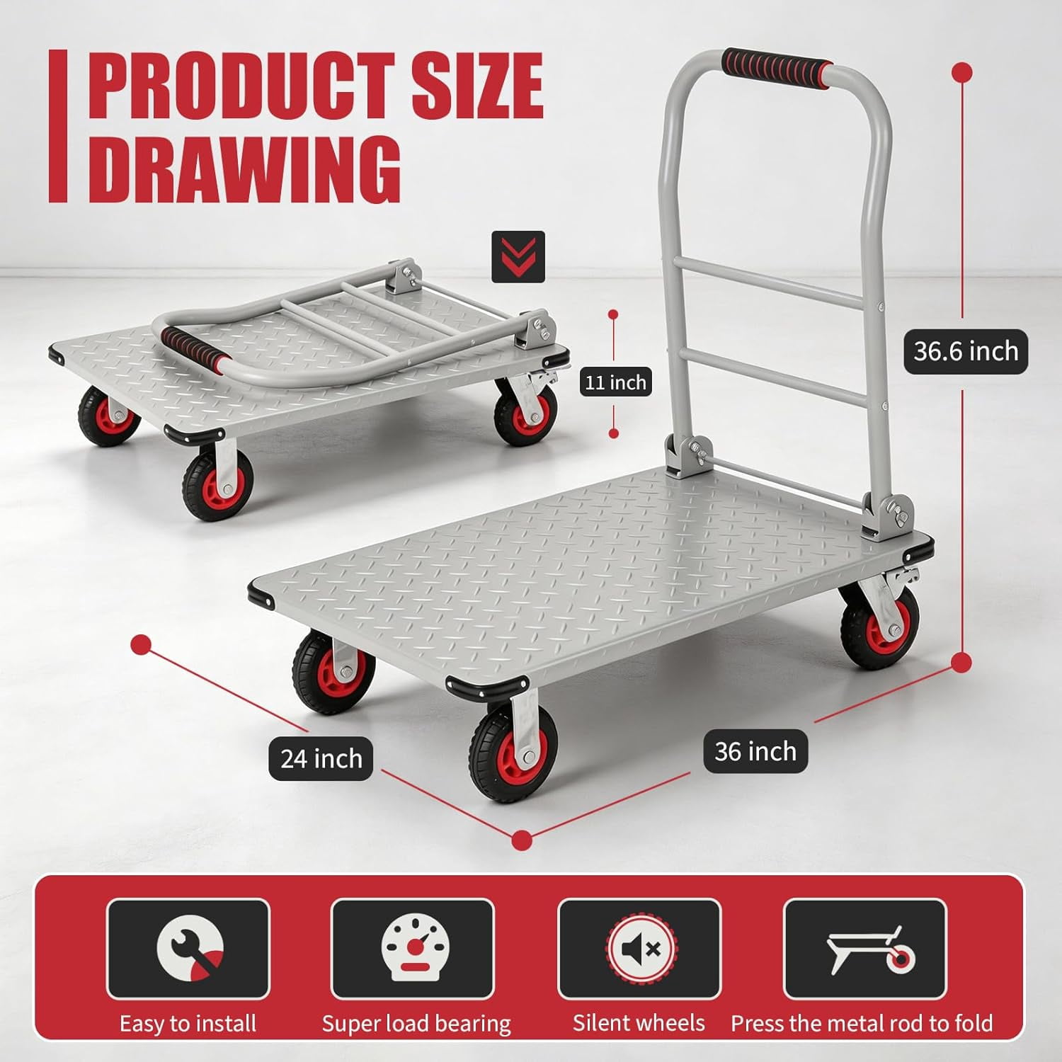 1800LBS Platform Truck Cart, 36"x24" Heavy Duty Utility Push Cart with 6" Swivel Wheels & Brakes, Foldable Hand Truck for Warehouse, Shipping & Moving