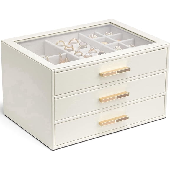 Jewelry Box for Women, Glass Lid Jewelry Organizer with 3 Drawers for Necklaces Rings Earrings Bracelets Mother Day Gift for Mom - Cloud White