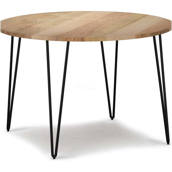 Round Dining Table for 4, Natural Mango Wood Top with Black Hairpin Legs, Modern Industrial Kitchen Table