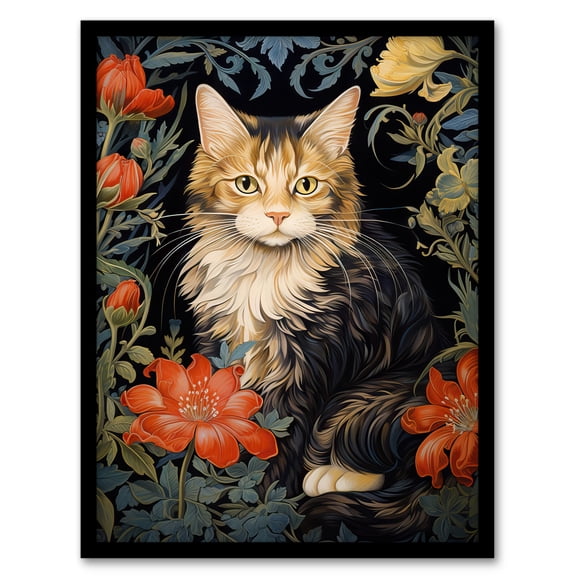 Stylish Maine Coon Cat Flowers Floral Design Illustration William Morris Style Art Print Framed Poster Wall Decor 12x16 inch