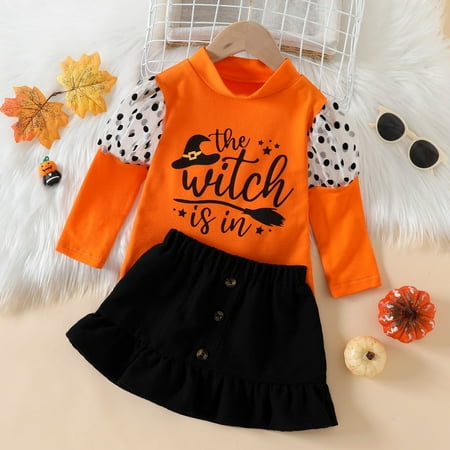 

Toddler Girls Long Sleeve Dot Letter Prints T Shirt Tops Skirt Outfits