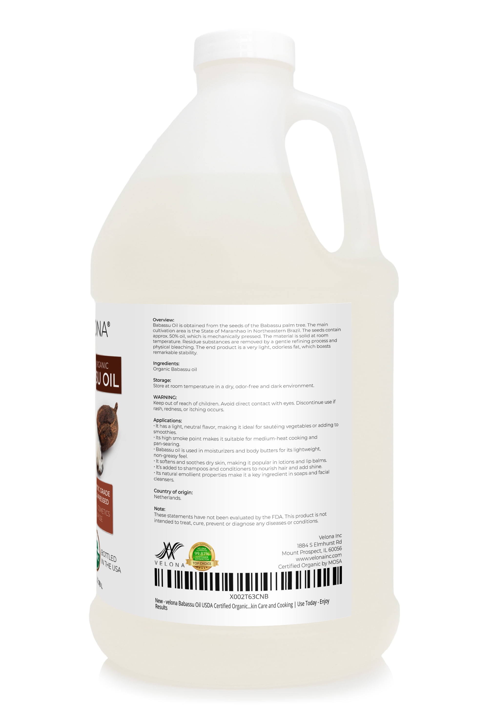 Velona Babassu Oil USDA Certified Organic - 1 Gallon / 128 Fl Oz | 100% Pure and Natural Carrier Oil | Refined, Cold Pressed | Face, Hair, Body & Skin Care and Cooking | Use Today - Enjoy Results