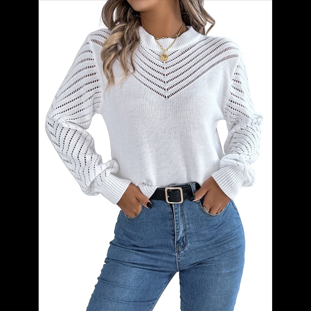 Suéteres de Crochet para Mujer, Cuello Redondo, Larga, Lindos Suéteres de Algodón Calados, Tops de Punto. XL