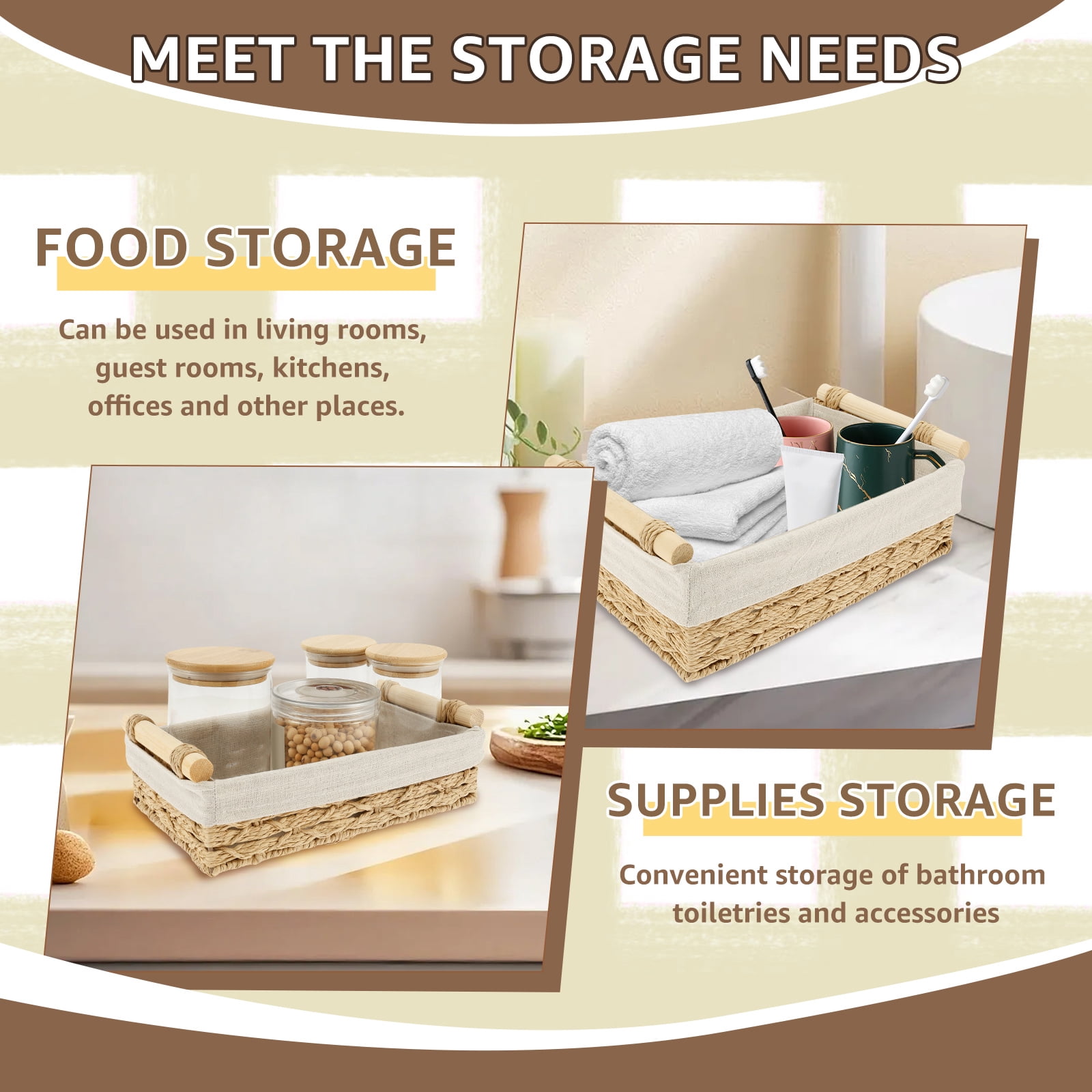 Dznils Wicker Toilet Paper Storage Basket with Handle, Bathroom Towel Organizer, Brown, Set of 2