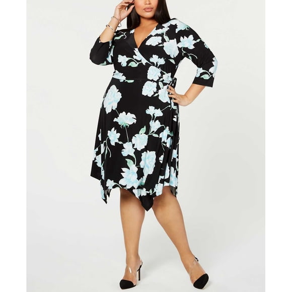 INC International Concepts Women's Floral Hanky-Hem Wrap Dress, Black, 2X