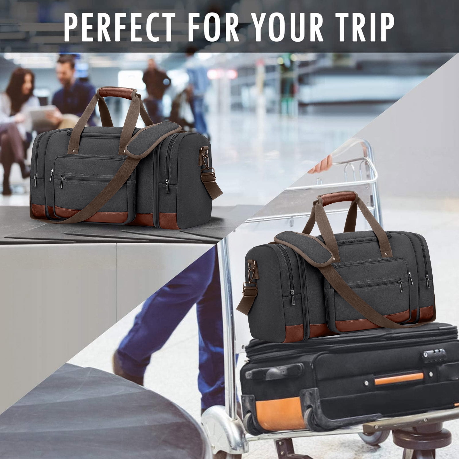 Gynky Duffle Bag for Travel Bag 46L Large Expendable Duffle Bags for Men Weekender Bag with Trolly Sleeve for Business Trip Travel Camp Gym, Black