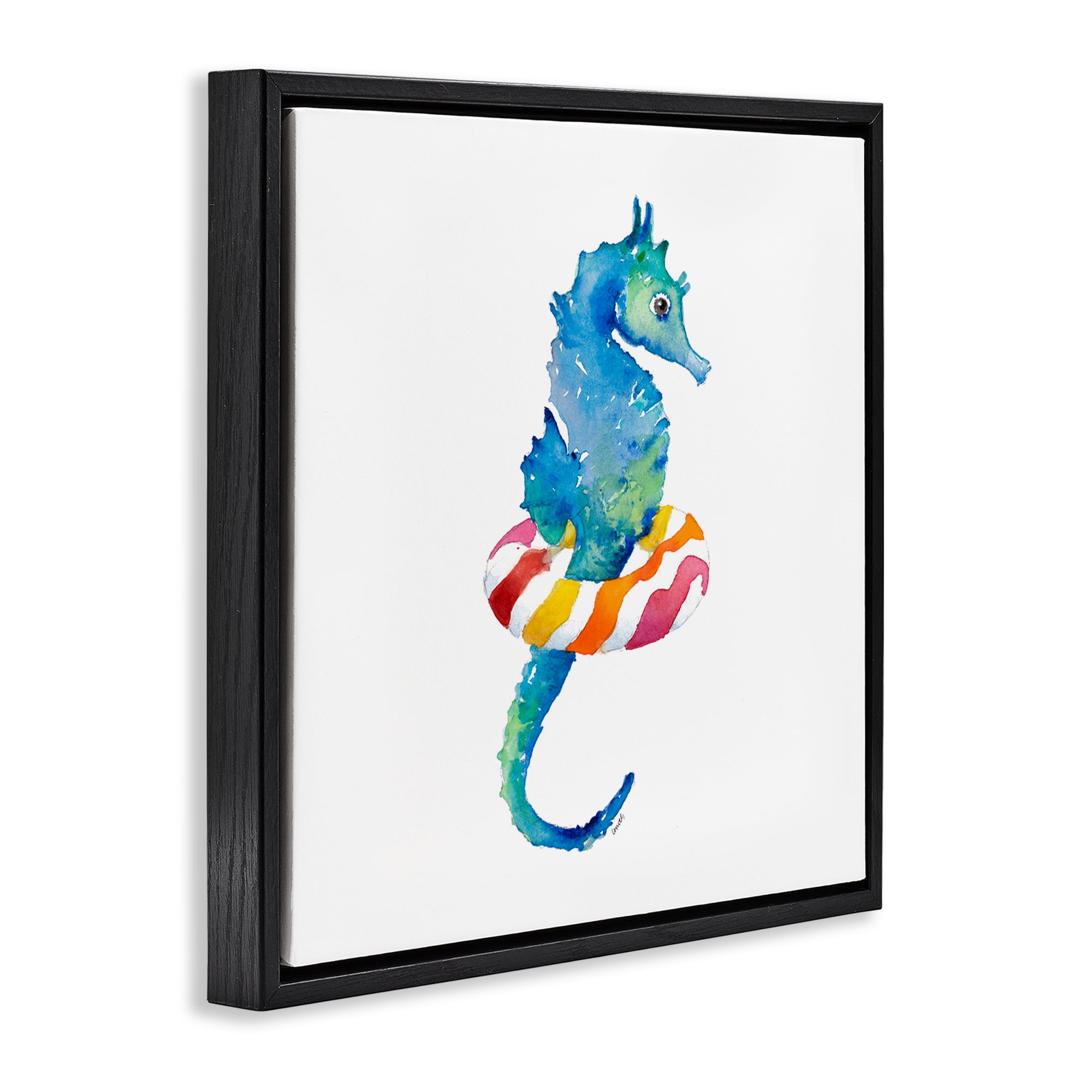 Stupell Industries Summer Float Seahorse Novelty Painting Black Floater Framed Canvas Art Print Wall Art, 18 x 18