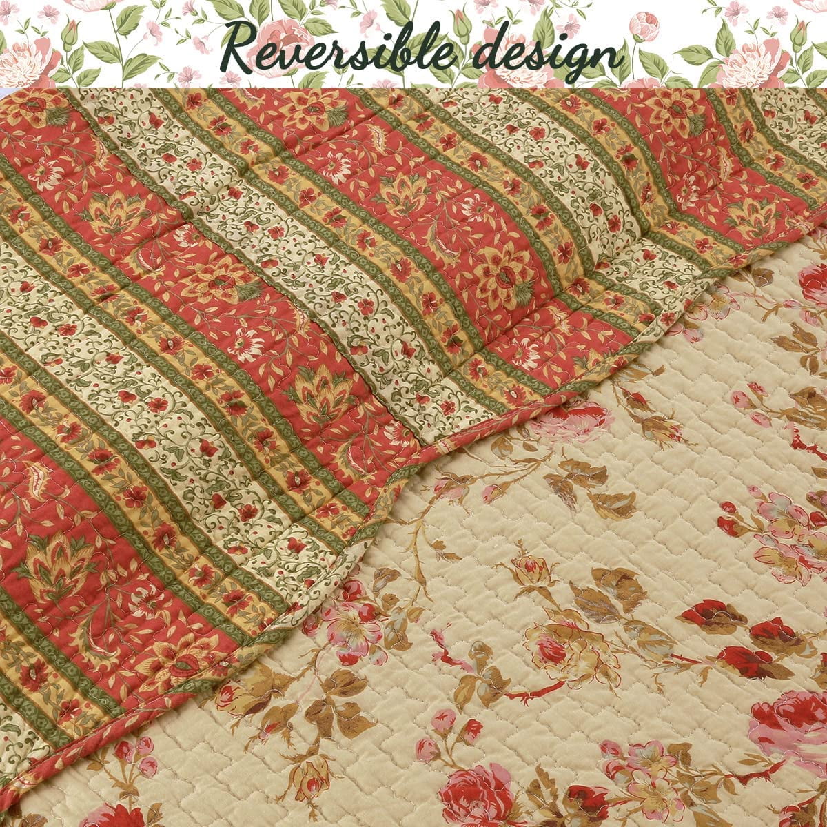 Cozy Line Home Fashions Floral Printed Reversible Cotton Quilt Bedding Set (Vintage Rose, Queen - 3 Piece)