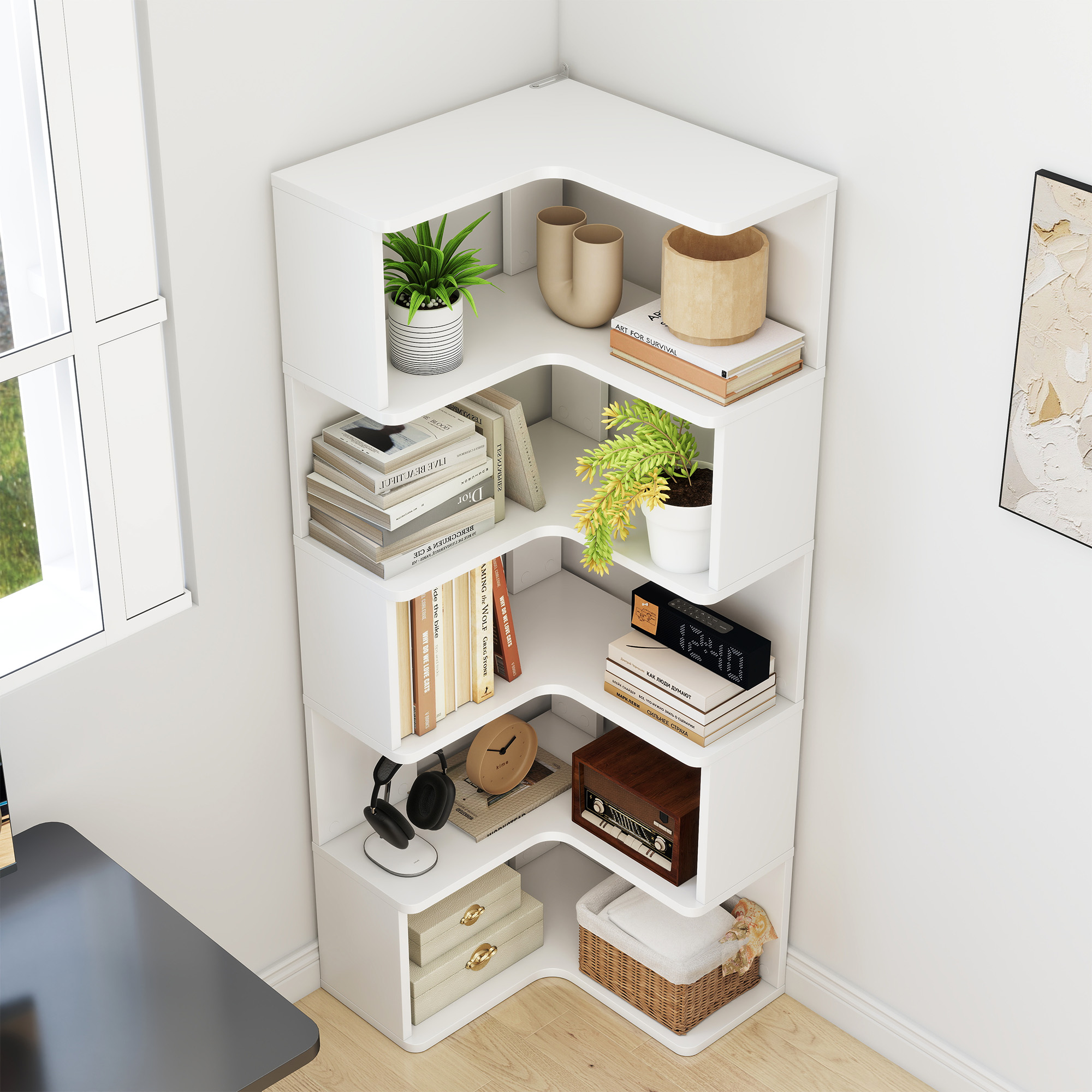 6-Tier Corner Bookshelf, 62.2" Tall Bookcase with Baffle, Large Modern Display Rack for Living Room, Home Office Storage, White