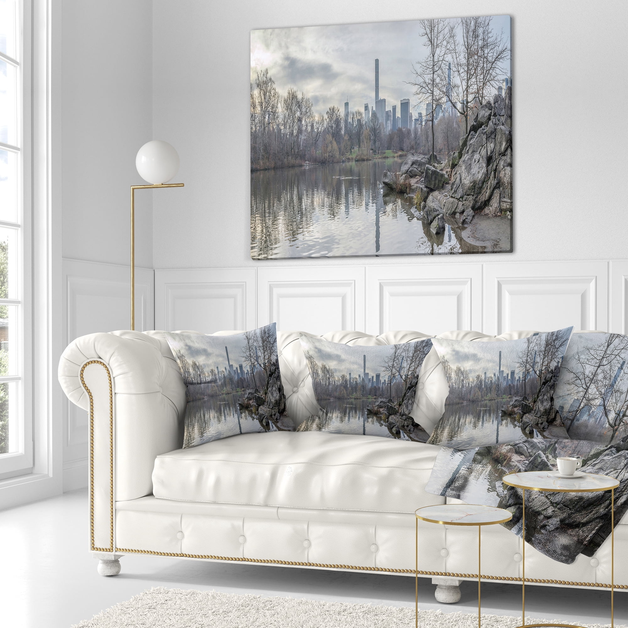 Designart Black and White Central Park NYC - Landscape Printed Throw Pillow - 18x18