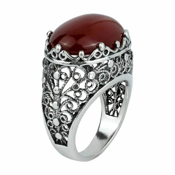 Filigree Art Carnelian Gemstone Women Silver Dome Statement Ring
