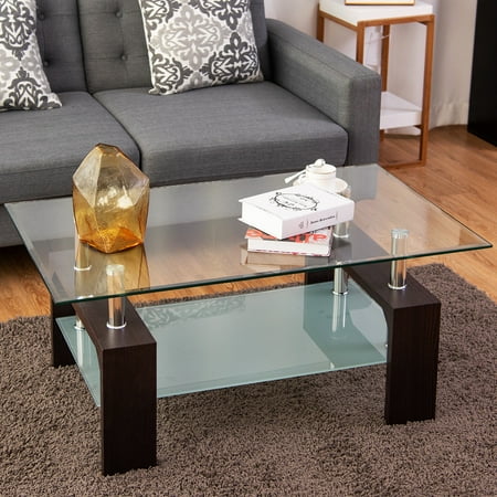 coffee storage table glass costway tempered rectangular shelf wood