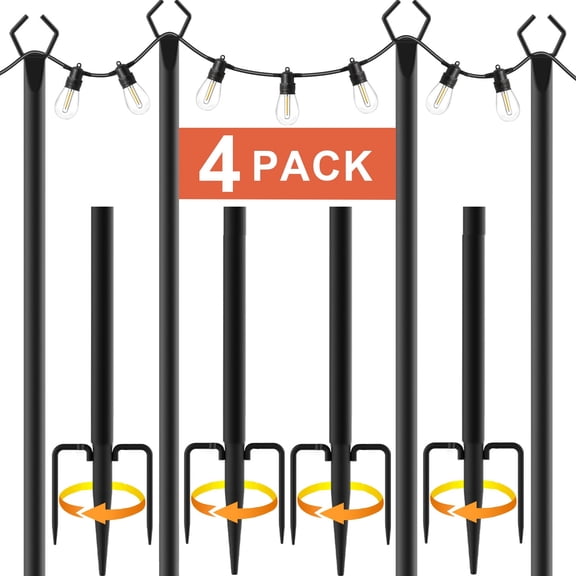 4Pack 10FT Outdoor String Light Poles with Fence Brackets, Heavy Duty Metal Light Stands for Outside Hanging String Lights, Weatherproof Deck Patio Backyard Garden Light Poles for Party Wedding Holi