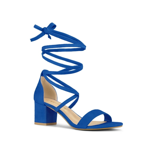 BLISSFUL STEP Women's Open Toe Lace up Sandals Mid Block Heels Sandals Royal Blue 10