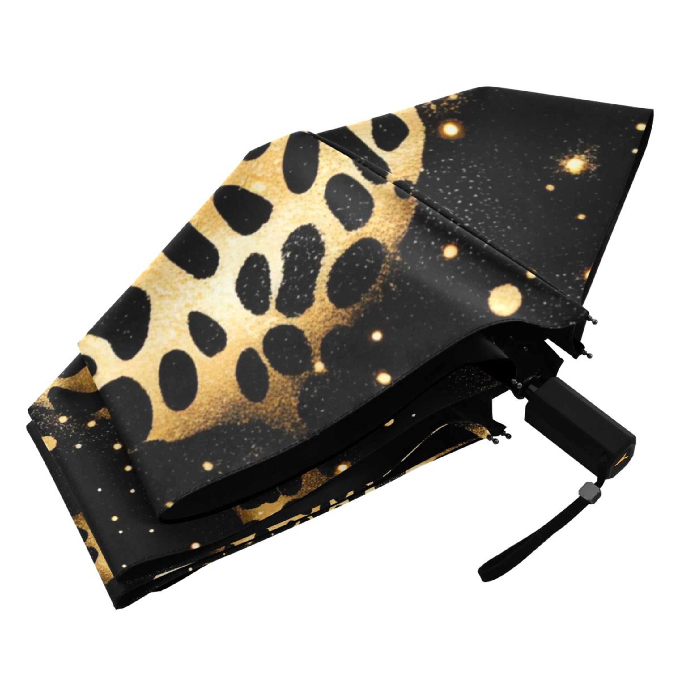 ALAZA Golden Leopard Print UPF 50+ Compact Folding Umbrella for Rain Travel Umbrella Packable