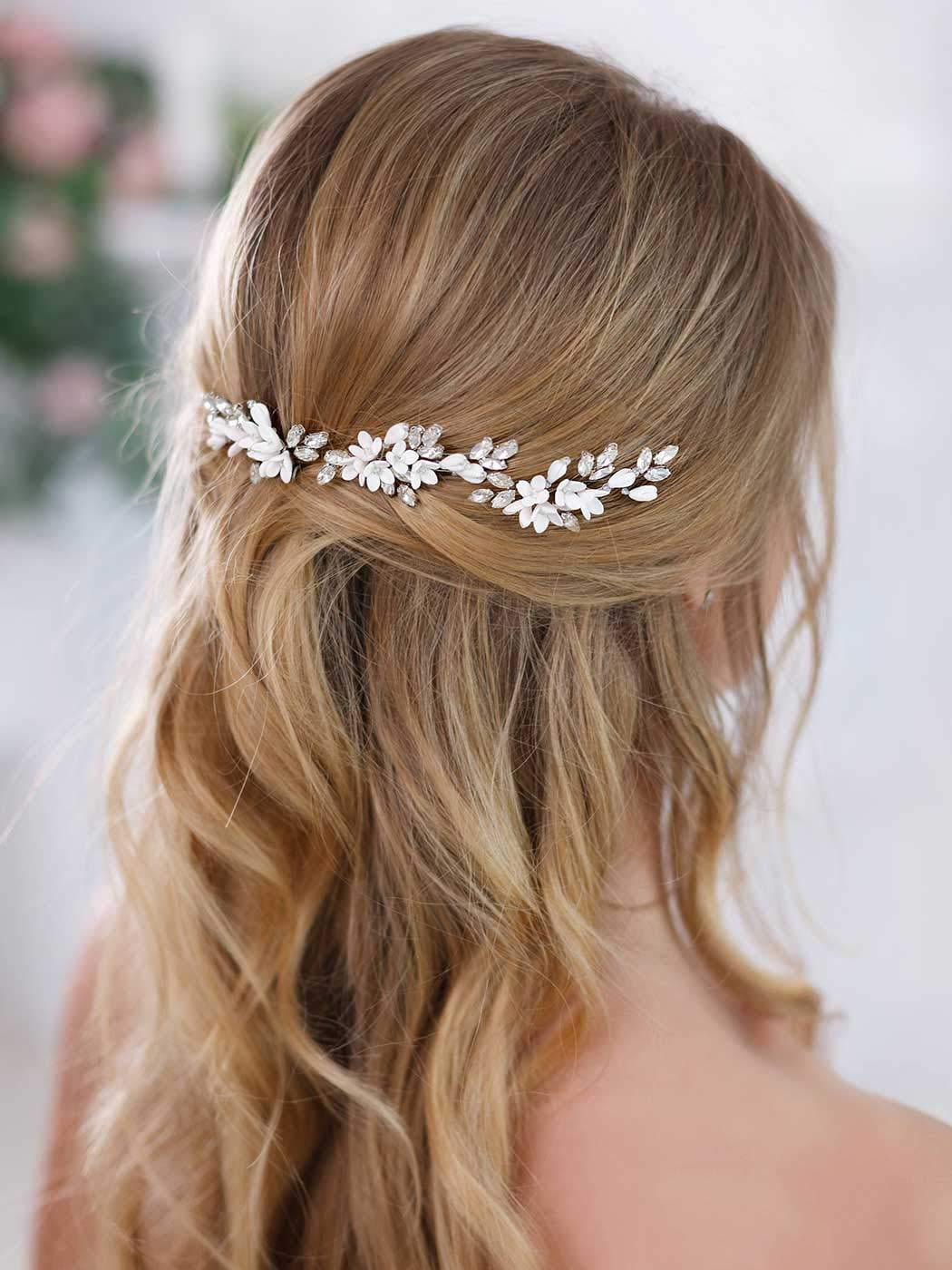 Barogirl Bride White Flower Wedding Hair Pins Clips Rhinestone Silver