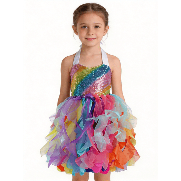 Amzcrzy Tutu Dress for Girls 2-10Years Sparkly Sequin Princess Birthday Tulle Dress Girls Halter Sleeveless Rainbow Ruffle Flowy Party Dress Multicolor 2 Years