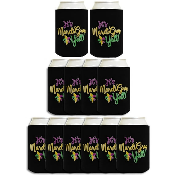 Green Gold Party Decor It's Mardi Gras Y'all Fleur-de-lis 12-Pack Can Coolers Coolies