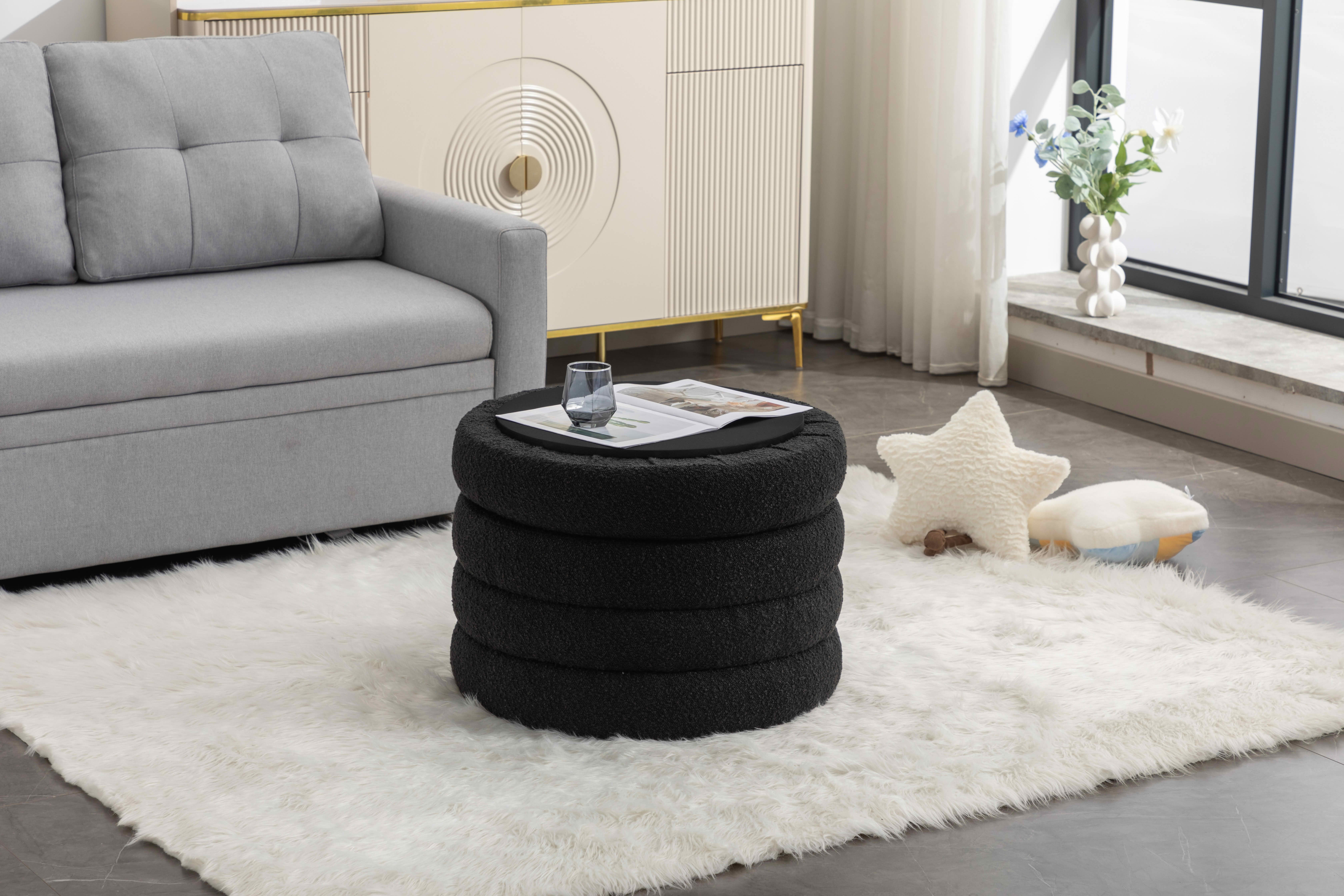 MAYEERTY Boucle Fabric Storage Round Ottoman Footrest Stool, with Wooden Shelving, Black