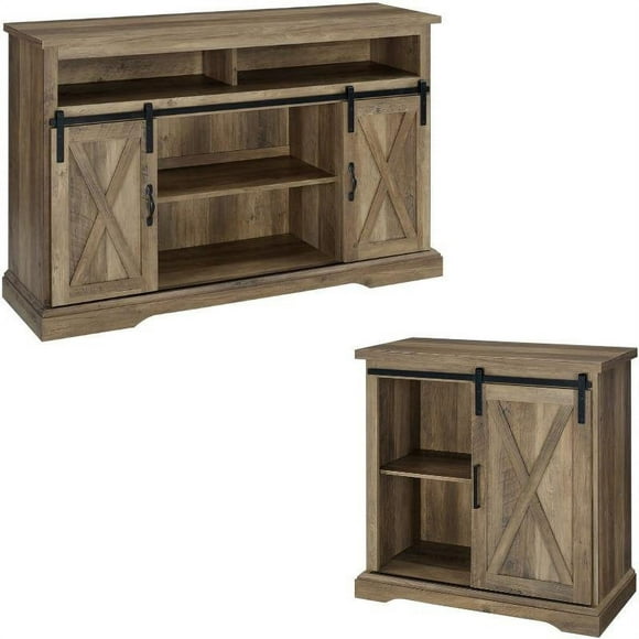 2 Piece Sliding Barn Door TV Stand Console and Buffet Cabinet Set in Rustic Oak