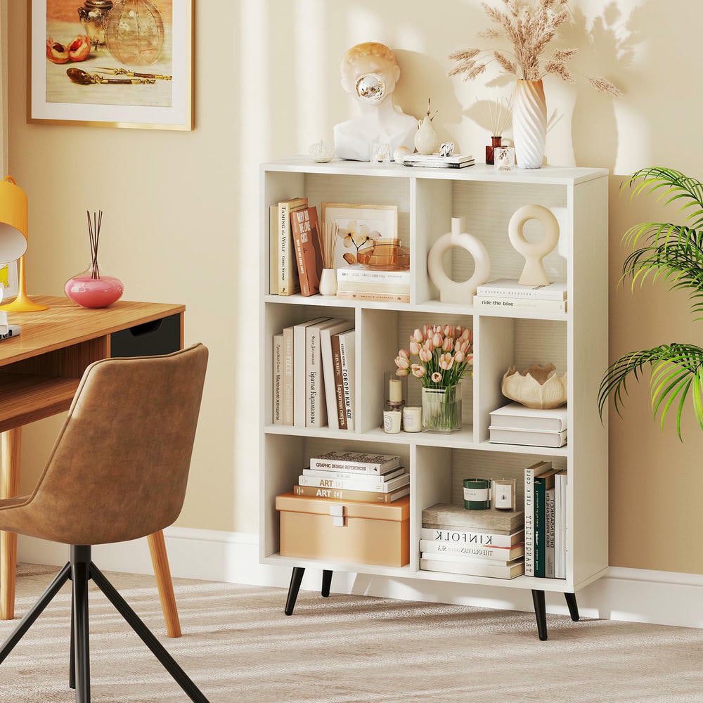 Resenkos 7-Cube Bookcase with 5 Tapered Metal Legs, White + Black