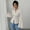 Beige, variant on Womens Bell Sleeve Button Down Shirt V Neck Ruched Collared Work Blouse Top Women Shirts