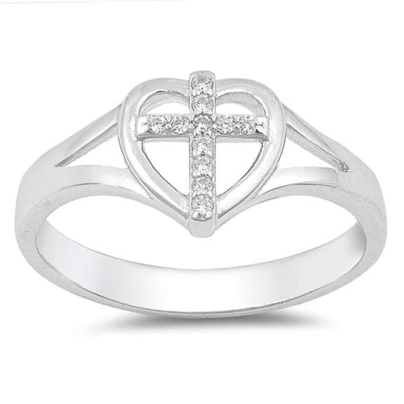 Clear CZ Cross Heart Christian Love Ring .925 Sterling Silver Band White Jewelry Female Size 4