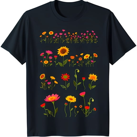 Vibrant Hand Drawn Floral Graphic on Black T-Shirt Colorful Design for Every Occasion