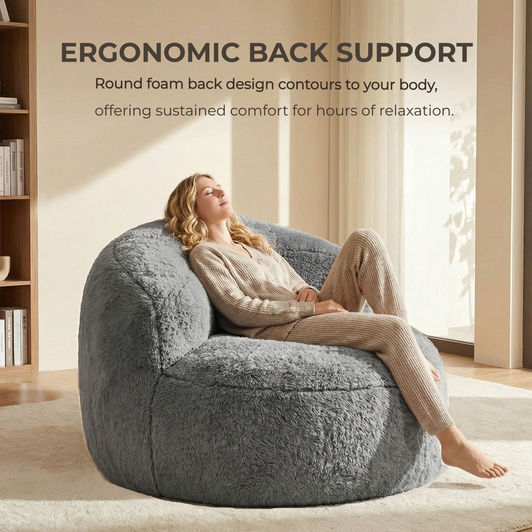 Fulsmile Bean Bag Chair Large Plush Chairs for Adults Giant Beanbag Chair Bean Bag Sofa with Stuffed Memory Foam Oversized Bean Lounger Chair for Reading Gaming Relaxing, Grey