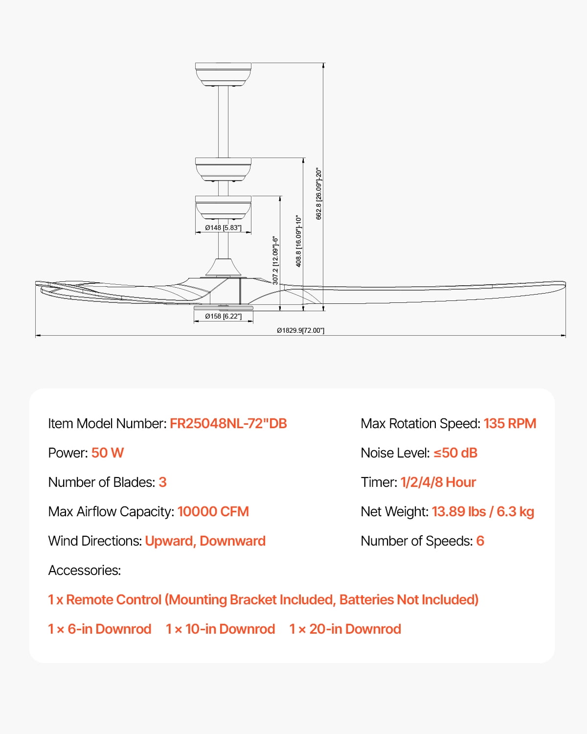 VEVOR 72 Inch Ceiling Fan without Light, 6-Speed Remote Control,3-Wood-Blade, Reversible DC Motor, Modern Low Profile Flush Mount Exterior Fan for Bedroom, Living Room, Patio, Indoor/Outdoor, Walnut