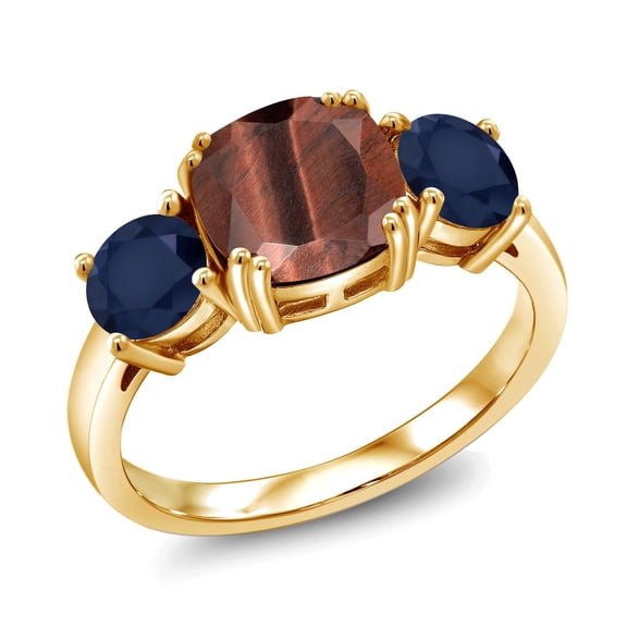 Gem Stone King 18K Yellow Gold Plated Silver Red Tiger Eye and Blue Sapphire 3 Stone Engagement Ring for Women (3.20 Cttw, Gemstone, Cushion 8MM, Size 6)
