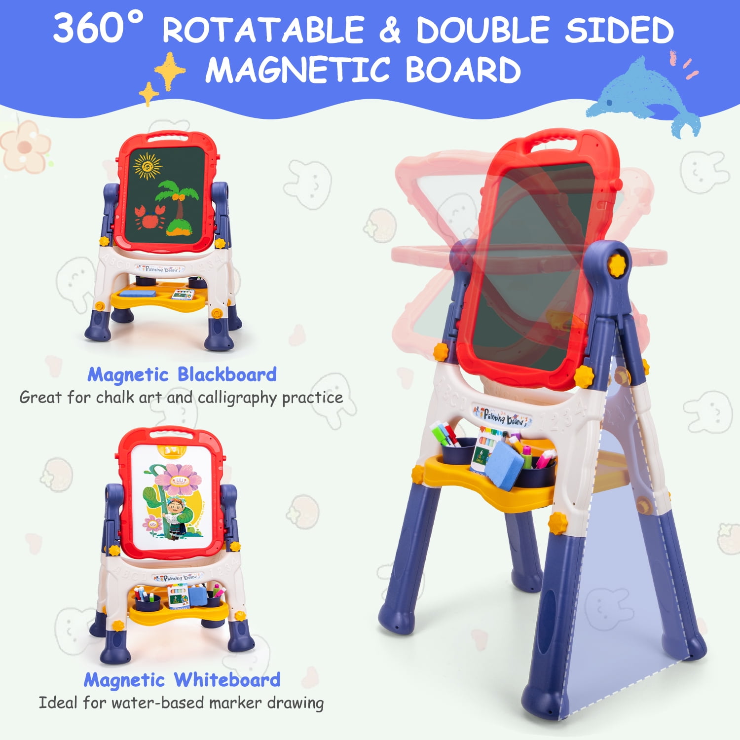 Xueyu Art Easel for Kids, Double Sided Kids Art Easel with Magnetic White Board Chalk Board, Adjustable Standing & Rotatable Toddler Easels with Drawing Accessories, Gift for Boys and Girls-Blue