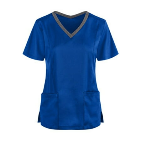 

Xutthjh Women Scrubs Top Short Sleeve V-Neck Pocket Working Uniform Top Nurses Clothing Printed T-Shirt Casual Workwear Tops