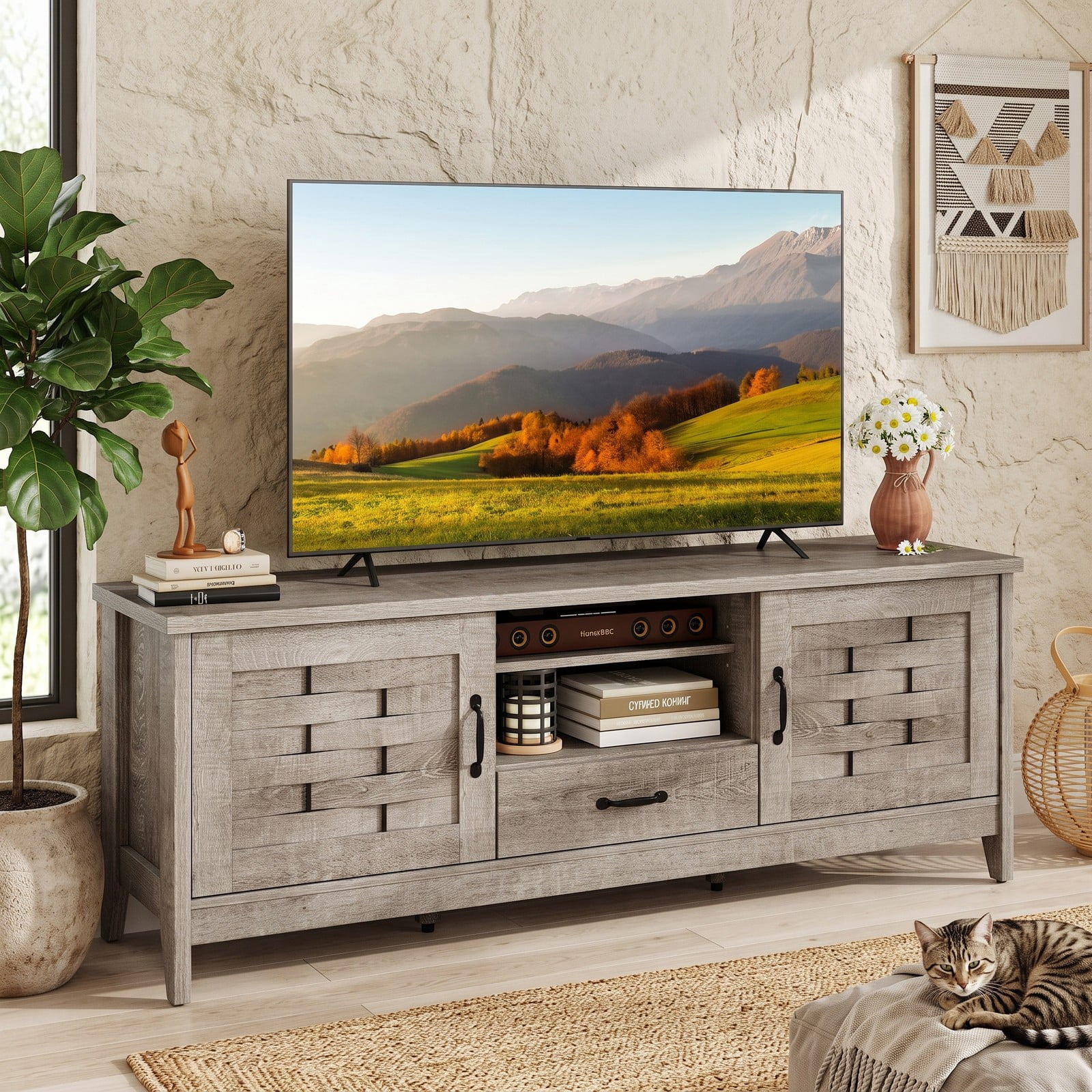 Furnibear Farmhouse TV Stand for 65 Inch TVs, Wood Entertainment Center with 2 Woven Accent Doors, 3 Adjustable Shelves and Drawer, Media Console Table for, Rustic Oak
