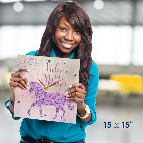 3dRose, Glittering Unicorn And Test Believe In Magic, 15x15 Wall Clock