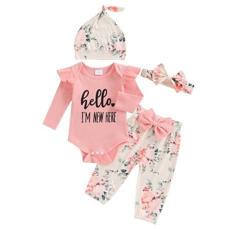 

Newborn Girl Spring Fall 4Pcs Outfit Letter Print Long Sleeve Romper with Flower Pants and Hat Bow Headband Set