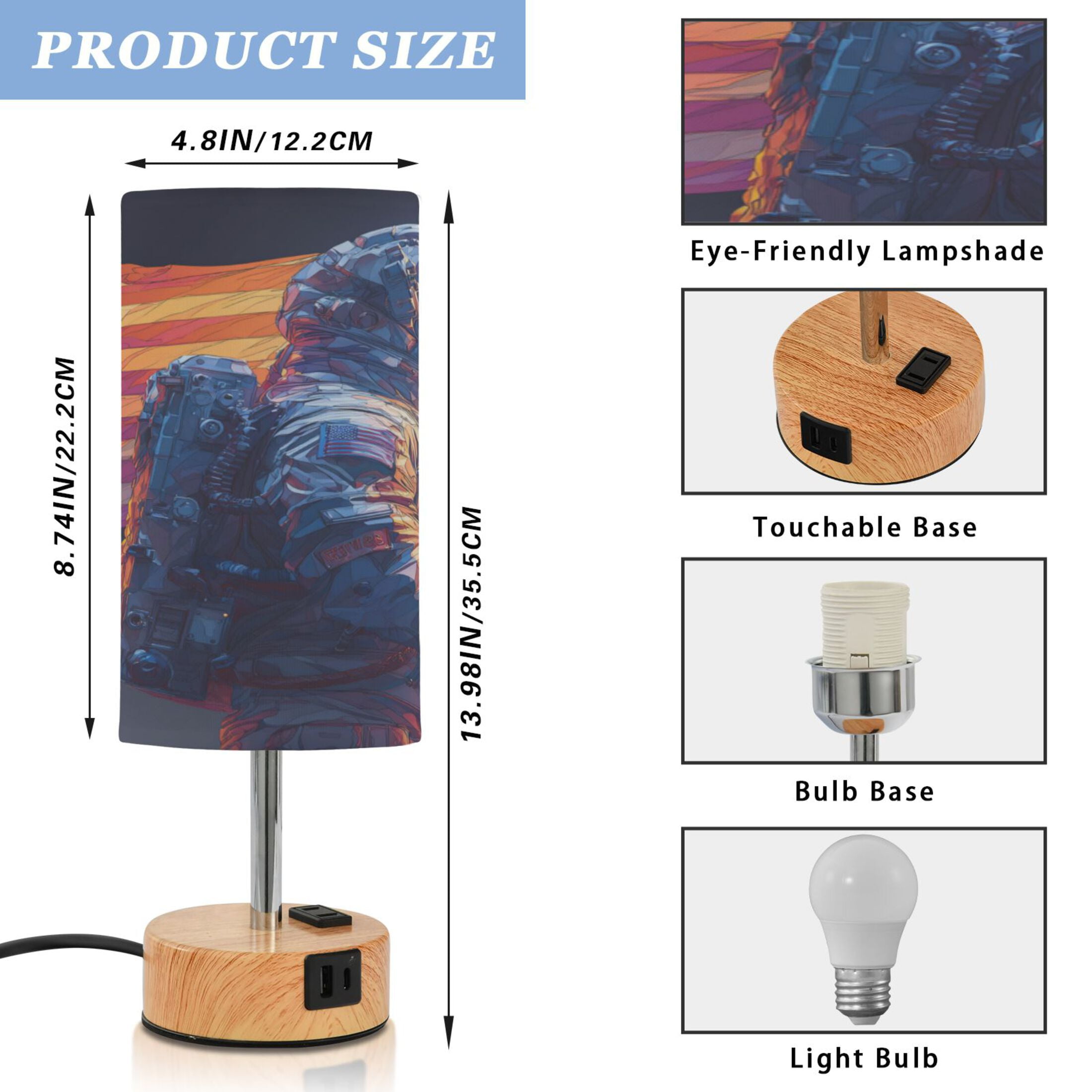 Touch-Control 3-Color Desk Lamp with Plug – Energy-Saving LED + 3 Simultaneous Charging Ports American Astronaut
