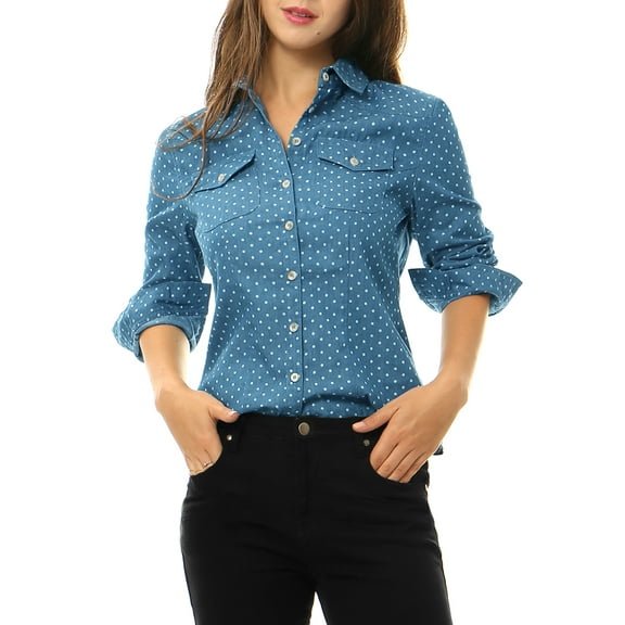 INSPIRE CHIC Women's Point Collar Long Sleeve Button Down Chest Pockets Denim Shirt XS Blue