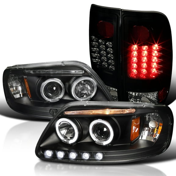 Spec-D Tuning Halo Glossy Black Projector Headlights   LED Bumper Fog Lamps Compatible with Ford F150 Style Side Left   Right Pair Headlamps Assembly