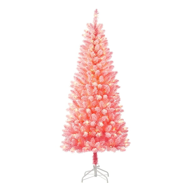 Holiday Time PreLit Pink Flocked Pine Artificial Christmas Tree, Clear
