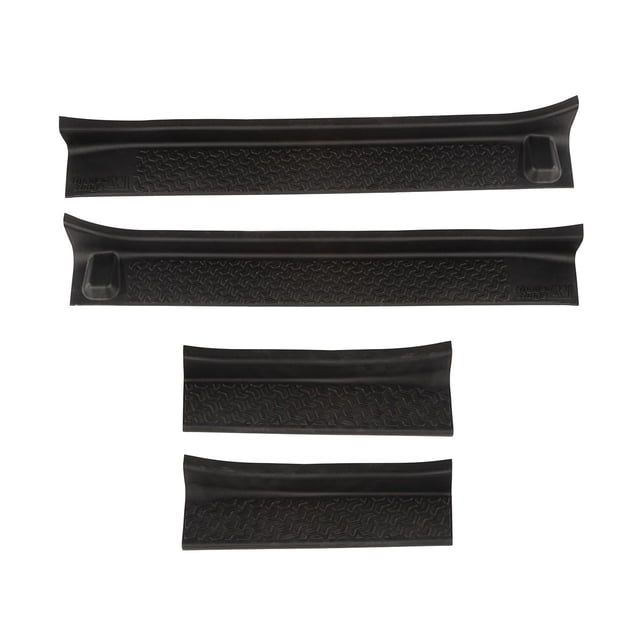 Rugged Ridge Door Sill Protector 11216.32, a 4-piece set made of black thermoplastic with an inlaid all-terrain tread pattern design. Ideal for car protection accessories, it prevents scuffs and scratches on Jeep door sills and installs easily with automotive-grade adhesive foam tape.