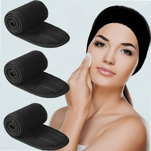 Spa Facial Headband Terry Cloth Headband Soft Adjustable Face Wash Headband for Face Washing, Shower, Makeup and Sport (Black 3 Pack)