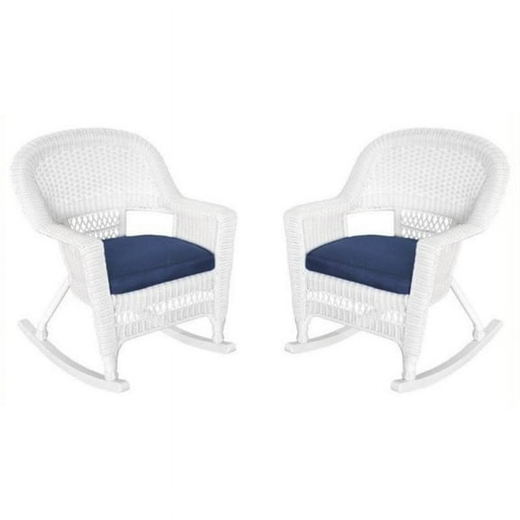 Pemberly Row Wicker Patio Rocker with Cushion in White and Blue (Set of 2)