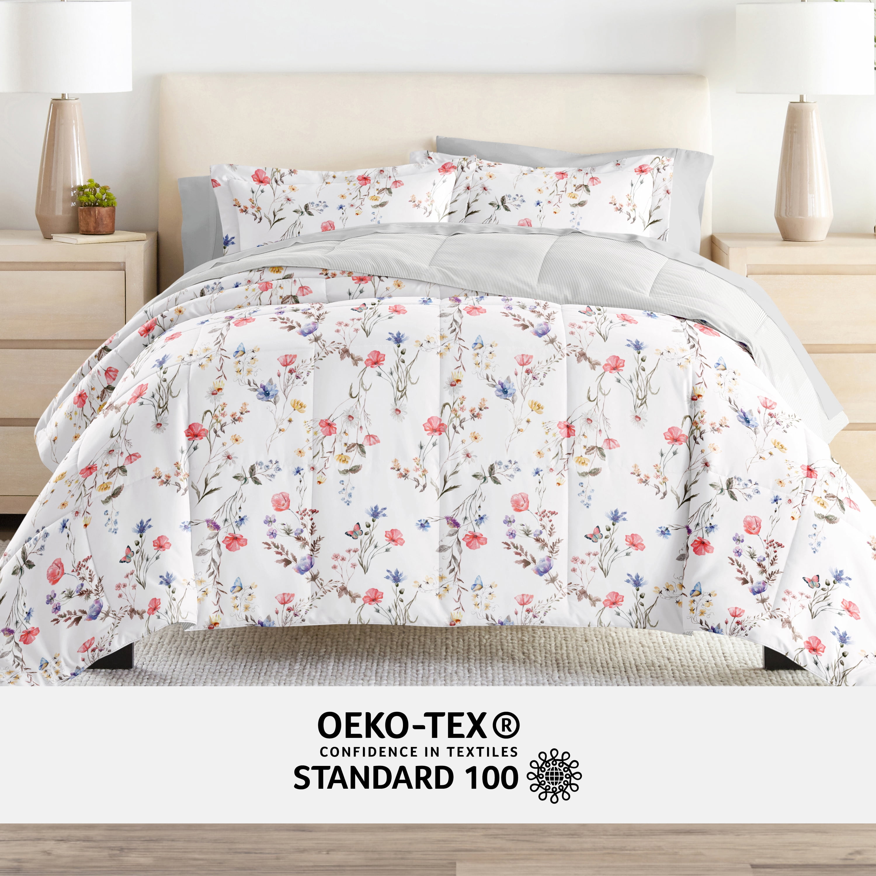 Comfort Canopy - California King Bedding Bundle, Patterned Microfiber Comforter and Solid Sheet Set in Meadow Floral Stripe Pink