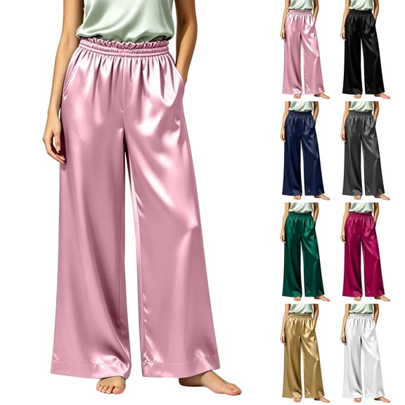 Inverlee Women's Elastic High Waist Satin Wide Leg Pants Silky Relaxed Fit Casual Beach Trousers Gold S