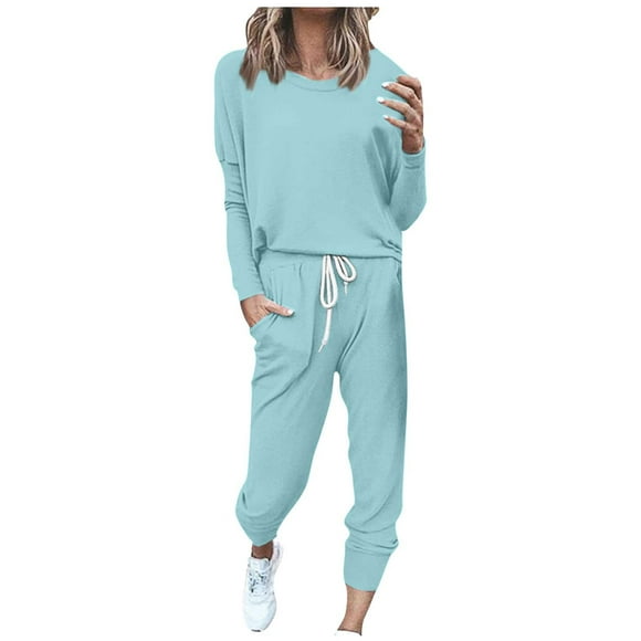 GZWYHT Sets for Women Long Sleeve Sets for Women Women's Two Piece Outfit Pullover Tops And Long Pants Tracksuit With Sweatpants Lounge Sets for Women Track Suits for Women Set Light Blue L