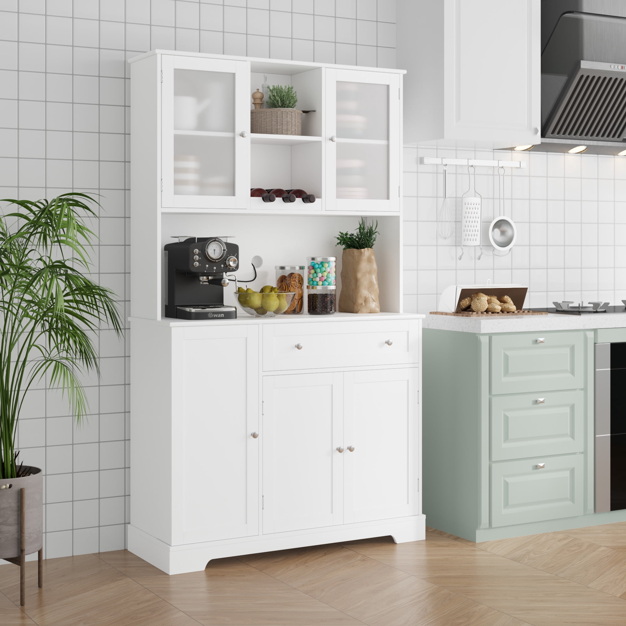 Homfa Kitchen Cabinet with Food Shelf, 5 Doors Floor Cupboard with Drawers and Countertop, 68'' Storage Pantry for Dining Room, White