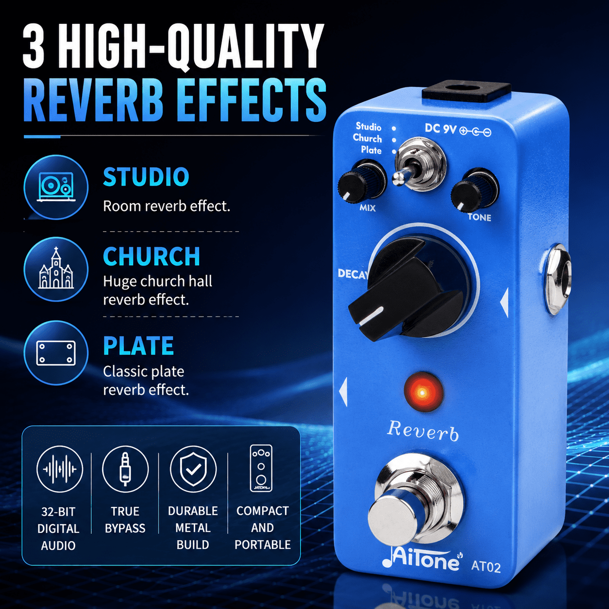 AITONE Reverb Pedal with Hall Spring Plate Room Reverb, True Bypass Full Metal Shell